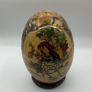Satsuma Hand-painted Ceramic Egg with Horses and Floral Motif